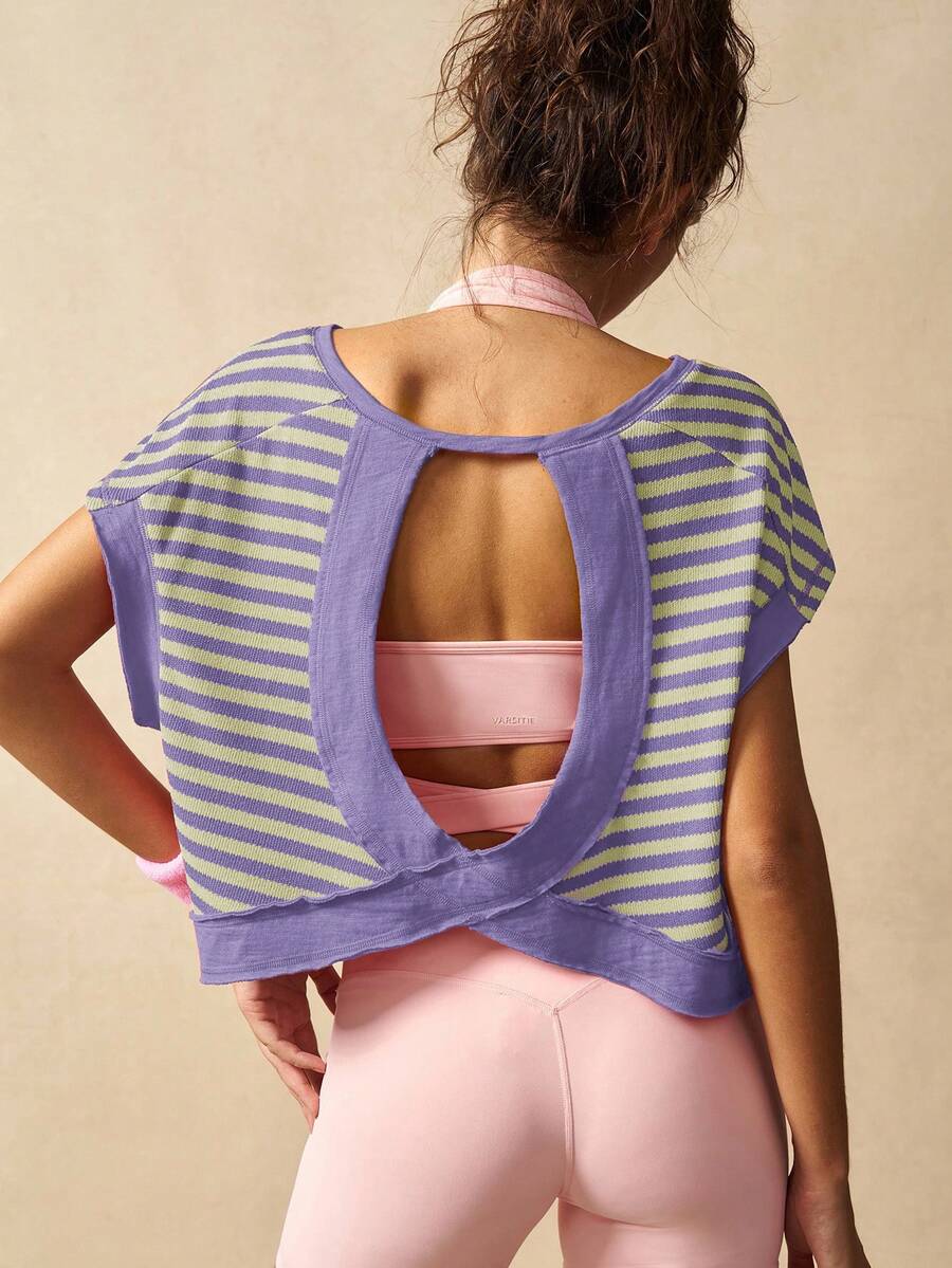 VARSIVA 女士运动上衣 女士条纹时尚运动T恤和背心，适合夏季 - 紫色 - 查看 1