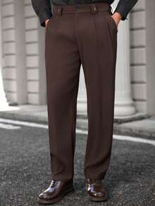 Manfinity Mode Pantalones casuales de negocios con bolsillos en diagonal y pliegues de unicolor para hombres - Marrón Chocolate - Ver 3