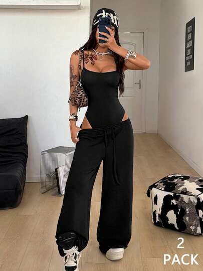 Coolane Conjunto de verano para conciertos de mujer, ropa urbana estilo Y2K minimalista casual, body sin mangas con lavado desgastado y pantalones holgados de tiro bajo, conjunto de dos piezas