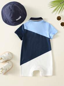 SHEIN 2pcs/Set Newborn Unisex Baby Boy/Girl Navy Blue Contrast Color Patchwork Cute Casual Short Sleeve Polo Romper And Sun Hat Set,Summer Family Matching - Navy Blue - View 2