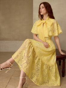 MOTF PREMIUM ELEGANT ORGANZA CONTRAST LACE BOW TIE CHIFFON DRESS, SPRING/SUMMER - Yellow - View 6