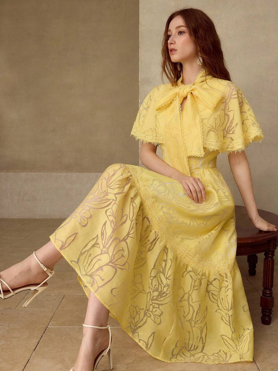 MOTF PREMIUM ELEGANT ORGANZA CONTRAST LACE BOW TIE CHIFFON DRESS, SPRING/SUMMER - Yellow - View 1