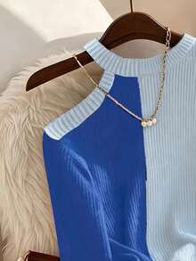 Franclia Women's Color Block Asymmetric Shoulder Long Sleeve T-Shirt, Ribbed Knit Top, Spring/Autumn - Blue - View 3