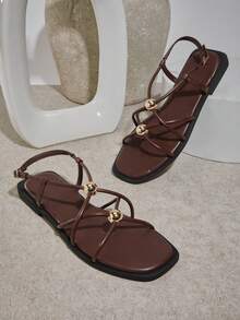 SHUZIA #UrbanGleam 女士金属球装饰极简主义绑带纯素皮革巧克力色凉鞋 – 时尚、百搭、现代。 - 巧克力棕 - 查看 3