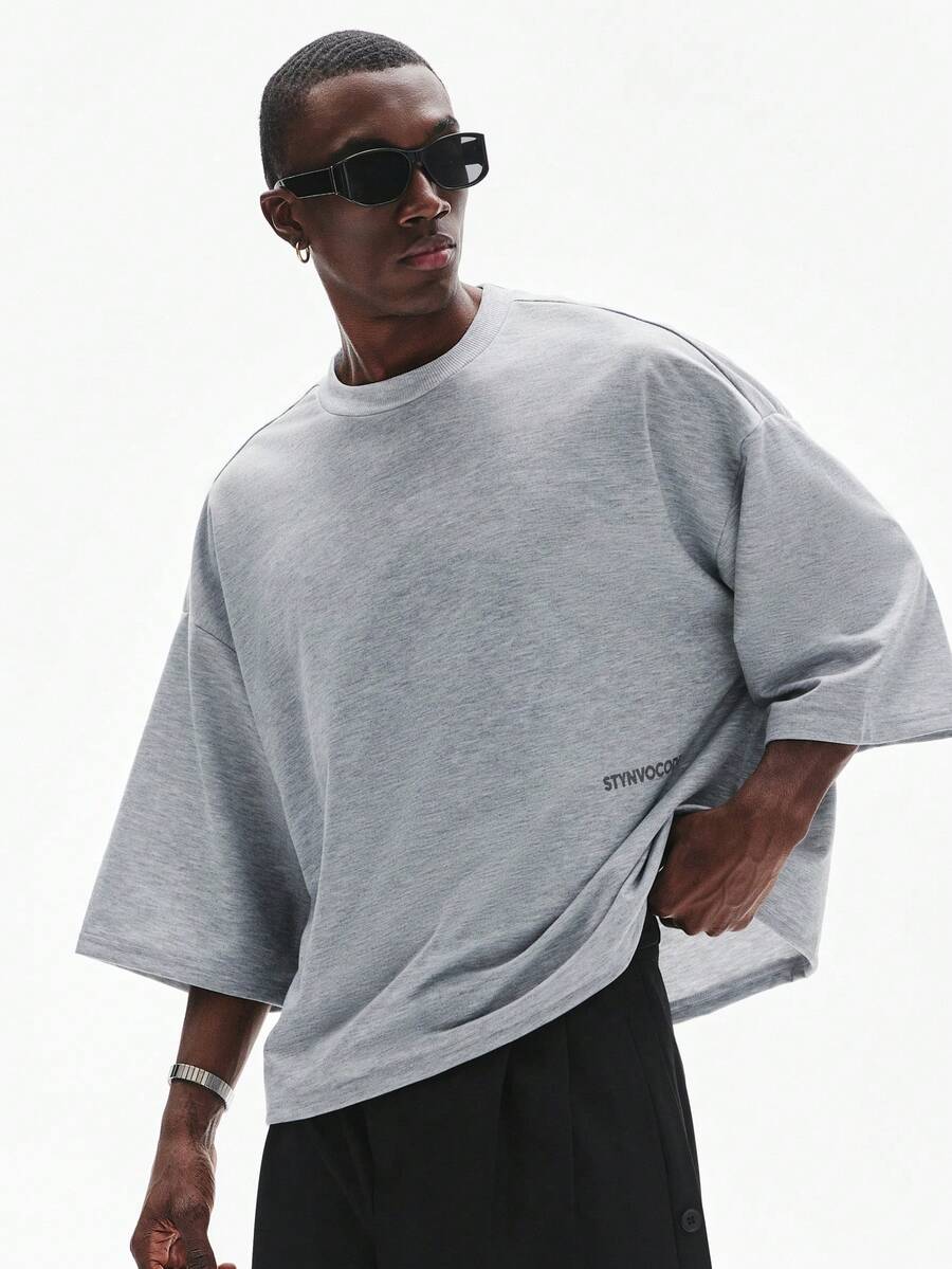 STYNVO 男士纯色圆领休闲宽松短袖T恤 超大码T恤 男士上衣 超大码T恤 男士S码落肩T恤 男士S码宽松T恤 男士宽松T恤 男士超大码T恤 男士落肩T恤 - 灰色 - 查看 1