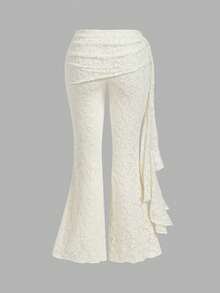 SHEIN MOD 大码女士拼接荷叶边优雅蕾丝喇叭裤，适合度假、音乐节、波西米亚风、假日约会、下午茶、夏季、音乐节和西式风格 - 杏色 - 查看 4