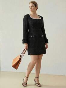 MOTF PREMIUM Đầm ngắn tay dài cổ vuông, tay dài, chất liệu vải tweed, đính ngọc trai giả, cỡ lớn, thích hợp cho tiệc thu đông. - màu đen - Xem 3