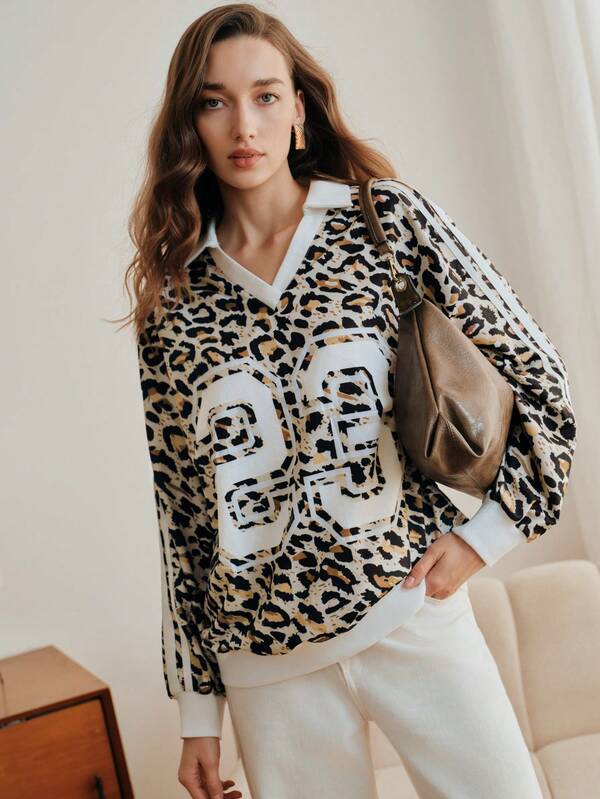 Anewsta Women's Fashionable Elegant Leopard Print Casual Versatile High-Quality Comfortable Long Sleeve Pullover Sweatshirt, Spring