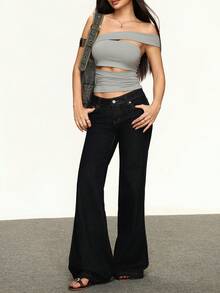 Rina Fox Women's Asymmetrical Shoulder Hollow Sexy Crop Top - Olive Green - View 6