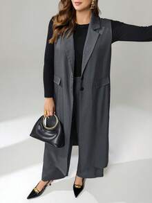 Auralis Bộ đồ nữ cỡ lớn thời trang xuân/hè thanh lịch, rộng rãi, thoải mái gồm áo blazer dài và quần ống rộng màu xám, thích hợp mặc hàng ngày, trang phục mùa xuân, trang phục công sở, phong cách cổ điển, phong cách doanh nhân. - Xám - Xem 6