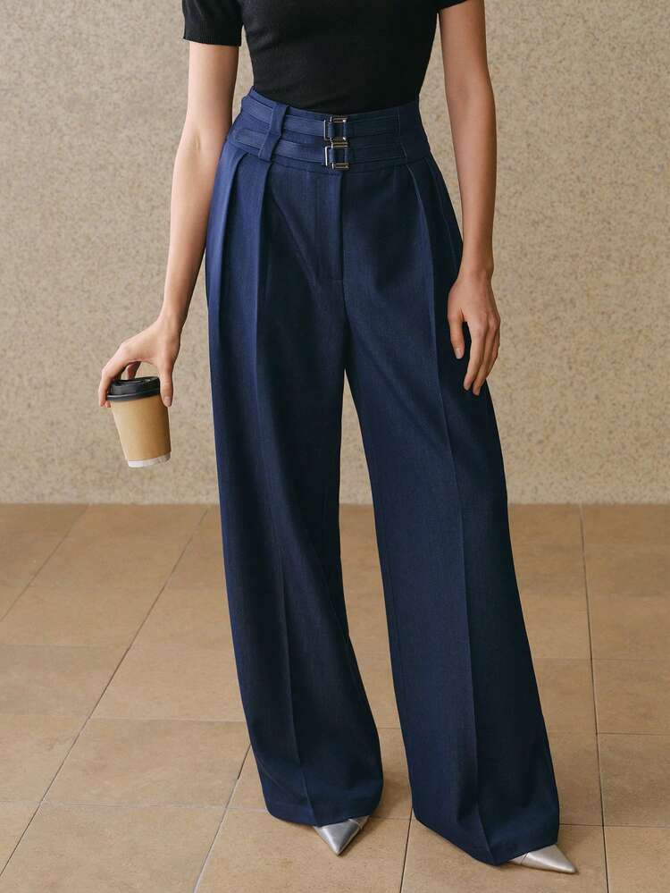 Vintage Design Double Belt Buckle Decor Super High Waist Casual Draping Women's Suit Pants, Spring/Summer Navy Blue Pants High Waist Pants Wide Leg Pants Buckle Waist Pants Pleated Pants