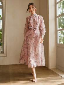 Anewsta Romantic Floral Print Decor Stand Collar Long Sleeve Dress With Belt, Suitable For Valentine's Day & Vacation - Multicolor - View 5