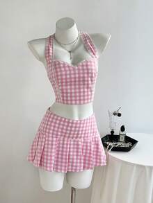 Elamini Women's Plaid Halter Top And Mini Skirt 2 Pieces Set - Pink - View 8