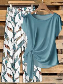 EMERY ROSE Plus Size Casual Commuter Solid Color Tie Shirt & Floral Print Pants 2-Piece Set Spring - Teal Blue - View 1