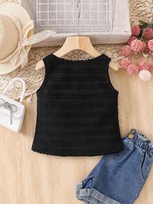 Young Girl Woven Solid Color Casual Vacation Sleeveless Textured Shirt, Summer - Black - View 2