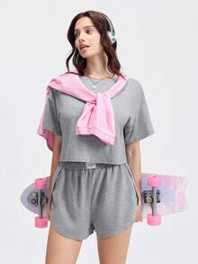 Loungeista 2 件女式新款微透明柔软舒适休闲运动沙滩套头衫圆领短袖侧开衩阔腿短裤套装，适合家居服 - 灰白色 - 查看 8