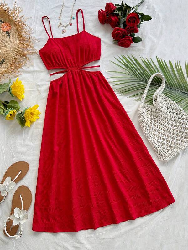 Soleia Women's Green Tropical Floral Print Hollow-Out Tie-Up Waist A-Line Midi Slip Dress For Vacation, Red Dresses For Women,Summer Holiday Outfits ,Elegant Dresses,Carnival,Valentine Outfits For Women,Summer Outfits For Women,Beach Outfit