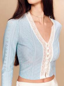 lacRébo 天蓝色弹力刺绣长袖上衣，饰有蕾丝花边和纽扣前开襟，可爱春夏复古风，法式巴黎风。 - 淺藍色 - 查看 1