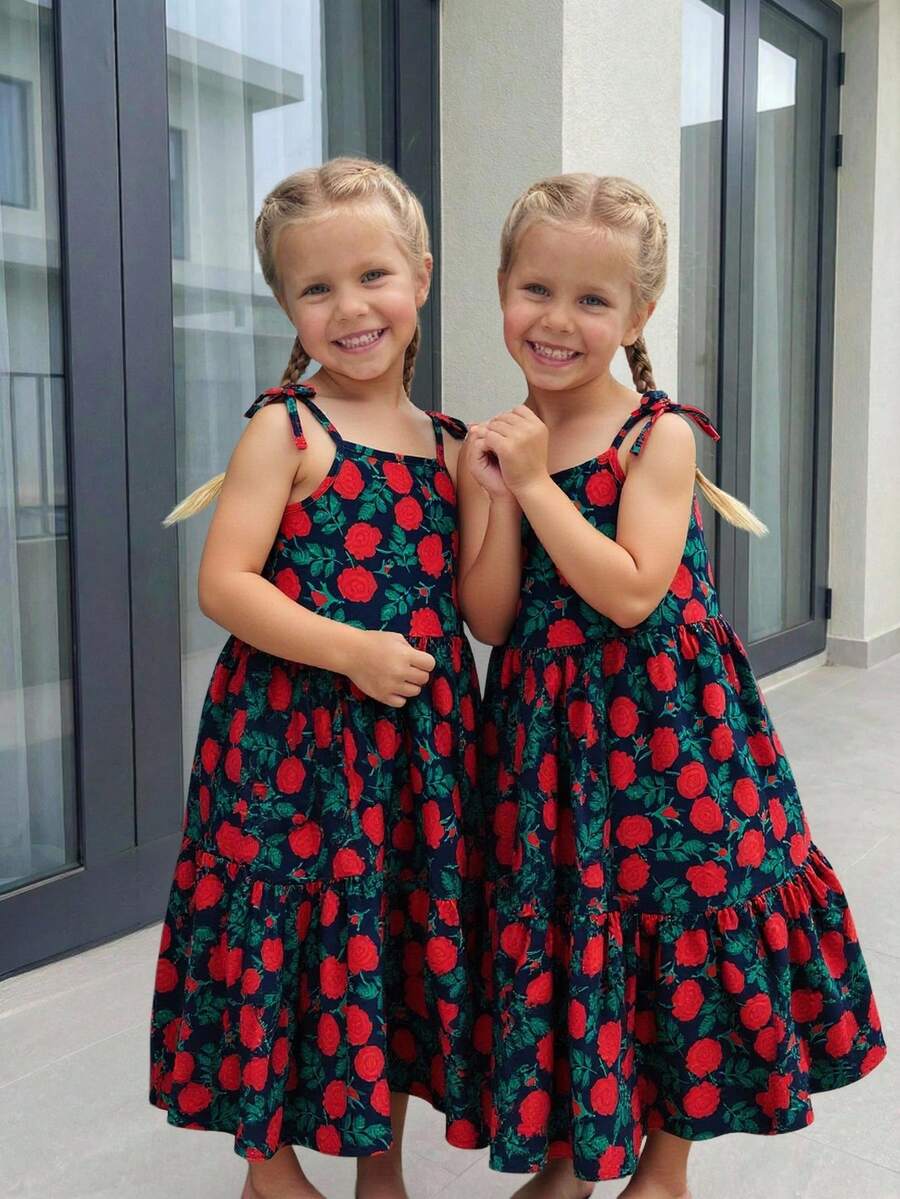 SHEIN Elladie kids Đầm midi hai dây in hoa thanh lịch, thời trang, thoải mái, trang trí hình bướm cho bé gái. - Màu xanh hải quân - Xem 1