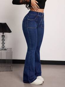 SHEIN Tall 春夏女士休闲喇叭牛仔裤，舒适弹力，时尚休闲优雅，水洗蓝色喇叭牛仔裤 - 深色水洗藍 - 查看 5