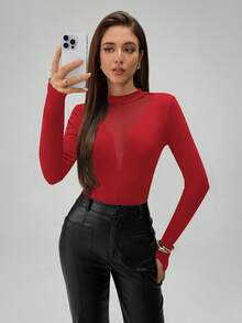 Almamuse Petite Women's Fashion Sheer Mesh Patchwork Long Sleeve Hollow Out Bodysuit For Beach - Red - View 9