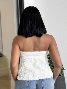 Alexandranx Women's Solid Color Cold Shoulder Tie-Front Ruffled Textured Top,Concert Women / Rave Festival / Country Concert ,Summer - Apricot - View 2