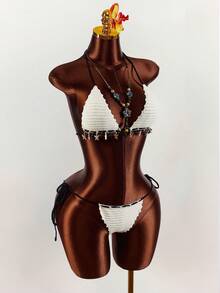 Amplova 两件套女士针织套装，黑白撞色，性感沙滩贝壳装饰，适合海滩度假 - 黑與白 - 查看 9