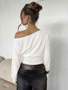 SHEIN BAE Women's Casual Solid Color Oblique Shoulder Long Sleeve Top - White - View 2