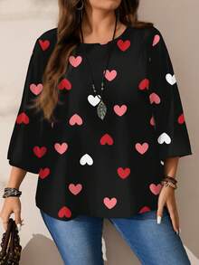 Mellowie Camisa holgada de cuello redondo con estampado integral para mujer de talla grande, otoño/invierno - Rosa - Ver 3