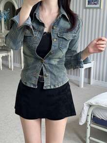 DAZY Women's Long Sleeve Single-Breasted Casual Pocket Denim Jacket - Blue - View 8