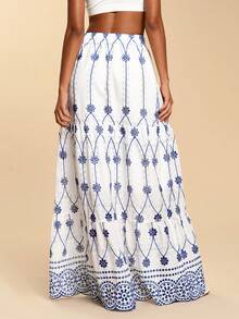 Travachic Women's Blue And White Boho A Line Long Skirt With Ruffle Hem Geometric Pattern Woven Fabric - Blue and White - View 2