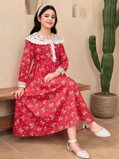 SHEIN Tween Girl Woven Colorblock Ruffle Collar Floral Patchwork Dress, Spring/Summer Vacation Dress