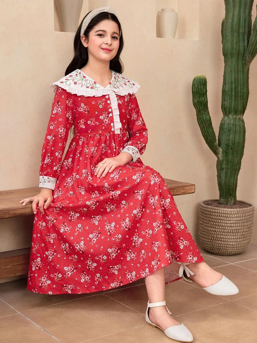 SHEIN 少女撞色荷叶边领碎花拼接连衣裙，春夏度假连衣裙 - 紅色 - 查看 1