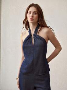 MOTF PREMIUM SOLID BACKLESS METAL DETAIL HALTER TOP - Blue - View 4