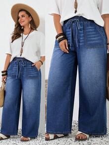 SHEIN Tall CURVE Quần jeans nữ cỡ lớn mùa hè và xuân, cạp chun, túi, ống rộng, dáng suông, thoải mái, co giãn, cạp chun đàn hồi. - Rửa tối - Xem 1
