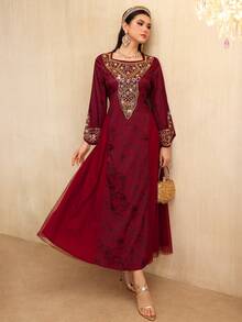 Layrah Spring/Summer Square Neck Elegant Beaded Floral Lace Flare Sleeve Waist Slimming Flowy Dress For Evening Party - Burgundy - View 4