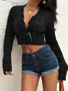 EgrlEra Ruffle Lace-Up Knit Cardigan, Spring Cropped Sweater