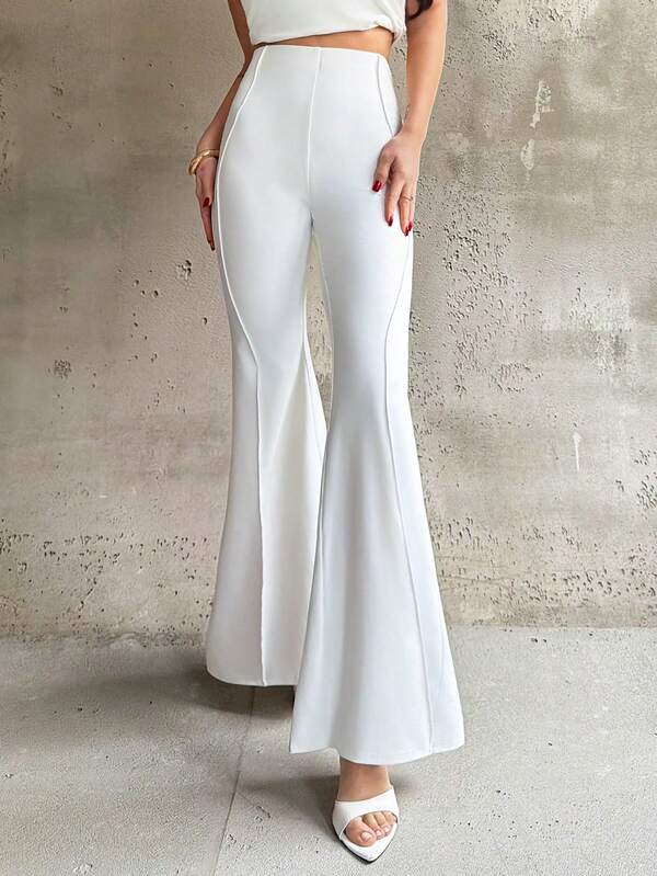 Firerie Women's New Simple Elegant Daily Commute Casual Fashion Versatile High Waist Fitted Knit Split Line Decor Flare Pants, Suitable For Spring, Summer, Autumn, Winter, Airport, Teacher, Office Wear, Cozy Fall