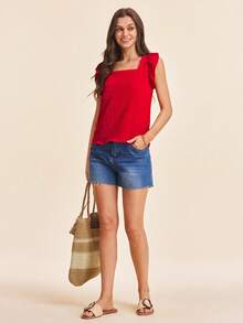 Coeurva Solid Ruffle Trim Bubble Texture Blouse Summer Women Beach Square Neck Summer Red Top