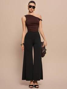 Leighera بنطلون أسود عريض الساق أنيق ذو خصر مرتفع وخصر مطاطي عصري - الأسود - مشاهدة 2