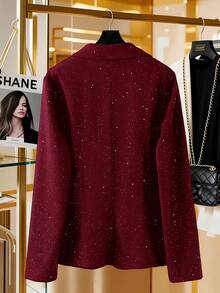 Lyxana Women's Autumn/Winter Gold & Silver Foil Waist Fitted Blazer - Burgundy - View 2