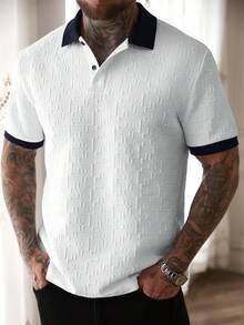 Manfinity CasualCool Men's Contrast Collar Short Sleeve Polo Shirt, Textured Jacquard Casual Top/Men's Casual Commuting Color Block Short Sleeve Polo Shirt - White - View 1