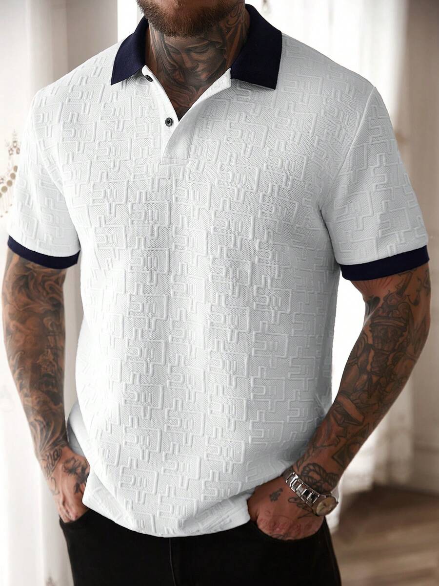Manfinity CasualCool Men's Contrast Collar Short Sleeve Polo Shirt, Textured Jacquard Casual Top/Men's Casual Commuting Color Block Short Sleeve Polo Shirt - White - View 1