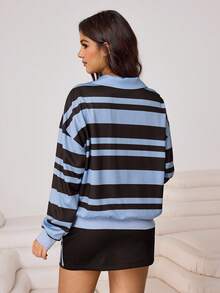 Aidyla Women's Casual Commuting Contrast Stripe Print Loose Polo Shirt And A-Line Skirt 2-Piece Set, Spring/Summer/Autumn - Multicolor - View 2