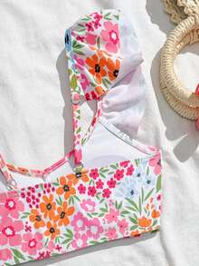 2pcs Tween Girls Colorful Floral Print Ruffled Elastic Comfortable Summer Swimsuit Set 2pcs Tween Girls Printed Swimwear Flower Bikini Girls Tween High Waisted Floral Swimsuit Flower Swimsuit Girls High Waisted Floral Swimsuit Kids Floral Swim 2pcs Girls Printed Swimwear - Pink - View 4
