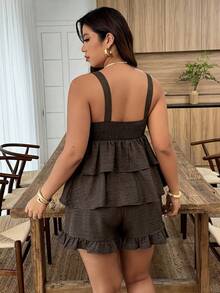 Weeklong Plus Size Women Casual Sleeveless Ruffle Trim Top And Pants Two Pieces Suit, Suitable For Vacation And Daily Wear, Spring/Summer - Coffee Brown - View 2