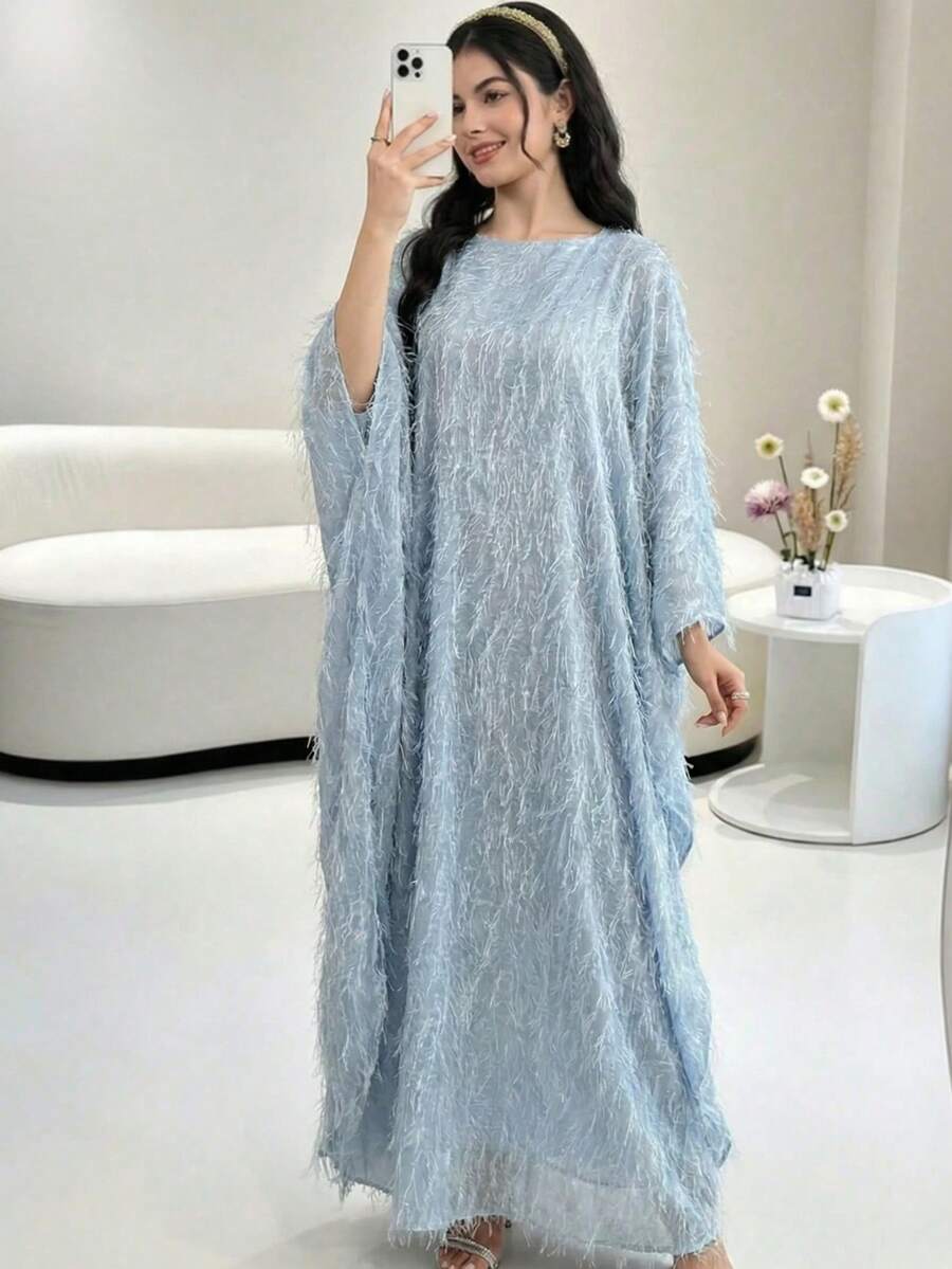 SHEIN 少女连衣裙 土耳其长袍 & 阿拉伯传统阿巴雅,流苏,春夏款,度假款,宽松撞色圆领长袍,粉色,中东阿拉伯长袍,国庆节长裙 - 淺藍色 - 查看 1