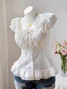 Sweetra Cute Casual Puff Sleeve Cinched Waist Button-Front Short Sleeve Summer Shirt - White - View 3