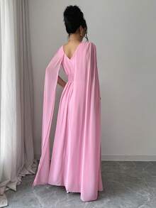 Elenzga Đầm maxi nữ màu trơn chất liệu chiffon, có lớp lót, xếp ly eo, dây rút điều chỉnh, vai rớt, kiểu dáng thanh lịch, cổ điển Pháp, lãng mạn và tối giản, phù hợp cho công sở, đi làm, kinh doanh, thường ngày, đi biển, hẹn hò, phong cách boho, mùa xuân/hè. - Hồng - Xem 2