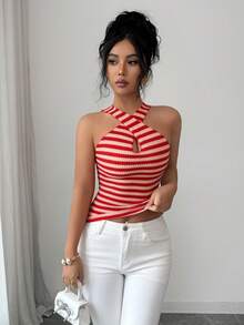 Elenzga 女士红白纹理针织面料收腰设计优雅高品质上衣，适合生日礼物、约会、派对、情人节、劳动节、旅行、休闲街头风穿着，春夏新品，简约撞色纹理面料交叉领无袖背心 - 紅白色 - 查看 5